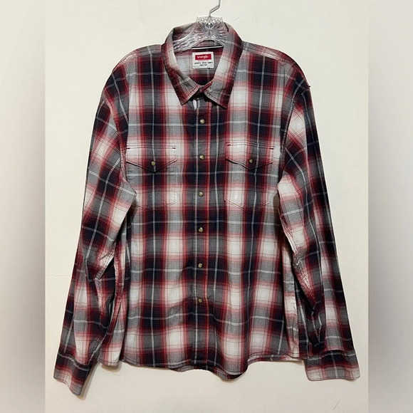 Wrangler Slim Fit Stretch Plaid Pearl Snap Shirt. Red Blue White XXL 2XL R1 - Picture 3 of 15